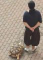 امرأة في منتصف العمر تمشي مع حيوانها الأليف عبارة عن  سلحفاة عملاقة